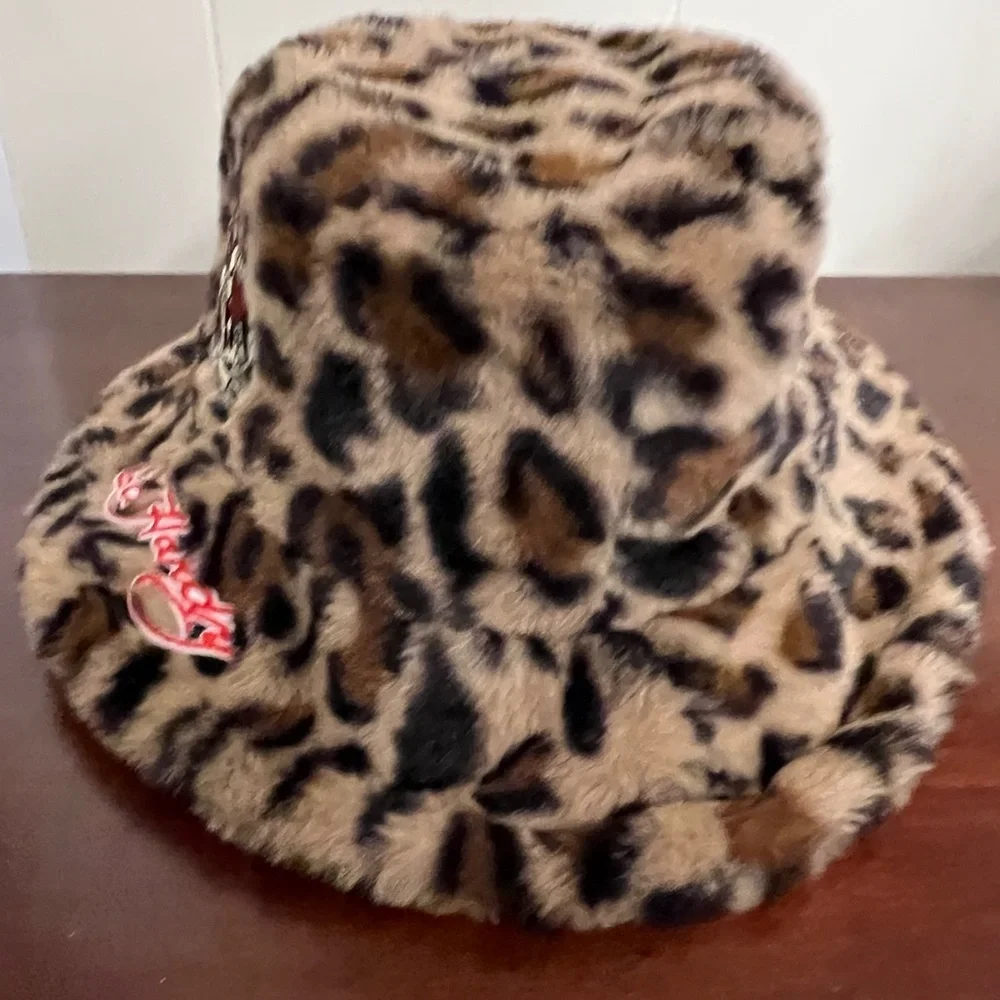Ed Hardy Leopard Faux Fur Bucket Hat Love Kills Slowly Patch NWT